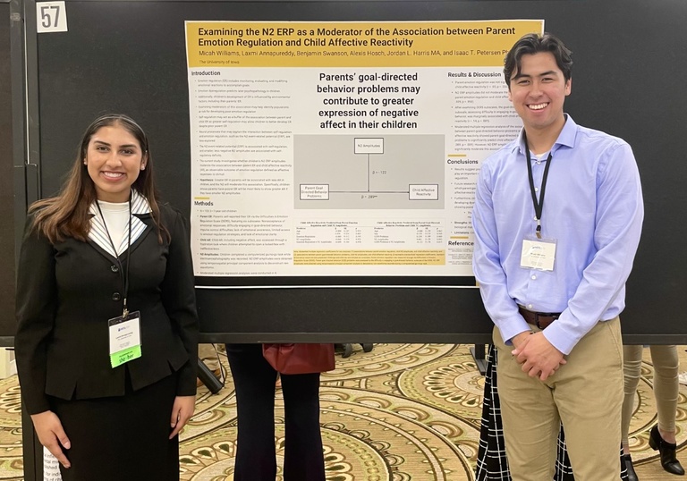Lab Tech Laxmi Annapureddy and RA Micah Williams at the 2023 Midwestern Psychological Association Conference
